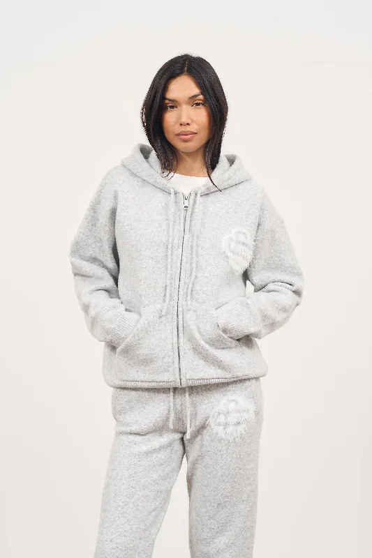 Cozy Chic Look FLUFFY EMBLEM ZIP THROUGH KNITTED HOODIE - GREY MARL