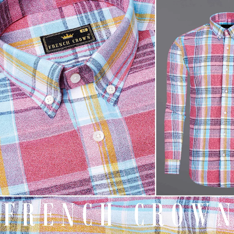 Relaxed Edge Look Charm Pink Plaid Dobby Textured Premium Giza Cotton Shirt