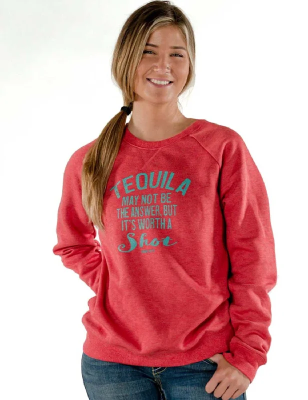 Relaxed Street Look Cowgirl Tuff Womens Tequila Shot Red Poly/Rayon Sweatshirt