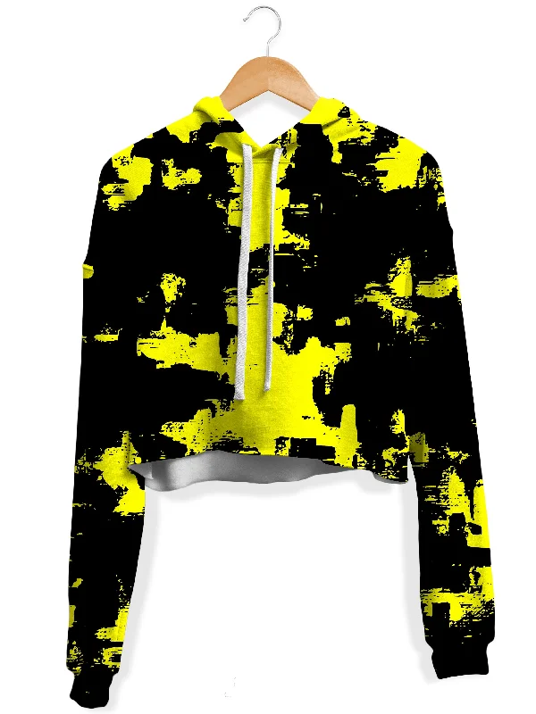 Classic Casualwear Black and Yellow Abstract Fleece Crop Hoodie