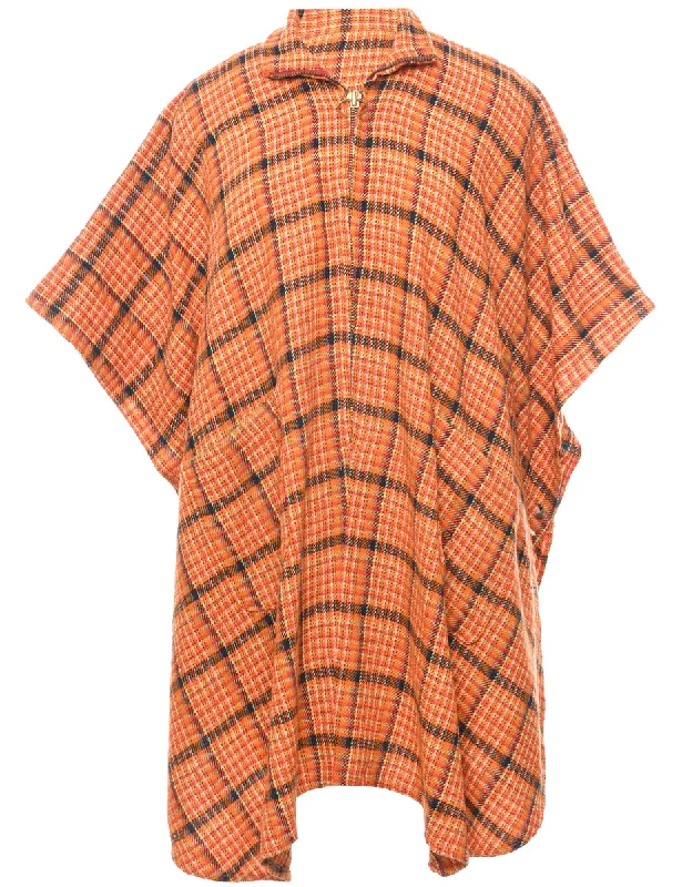 Earthy Casual Checked Zip Front Cape - L