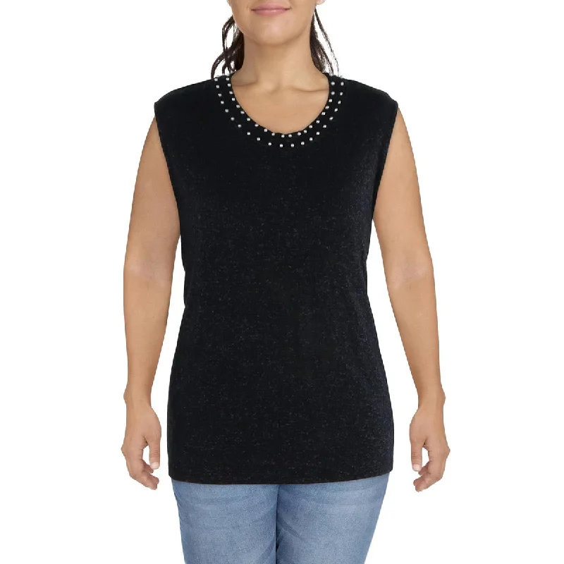 Sleek Monochrome Look Coin 1804 Womens Plus Jewel Neck Beaded Tank Top Sweater