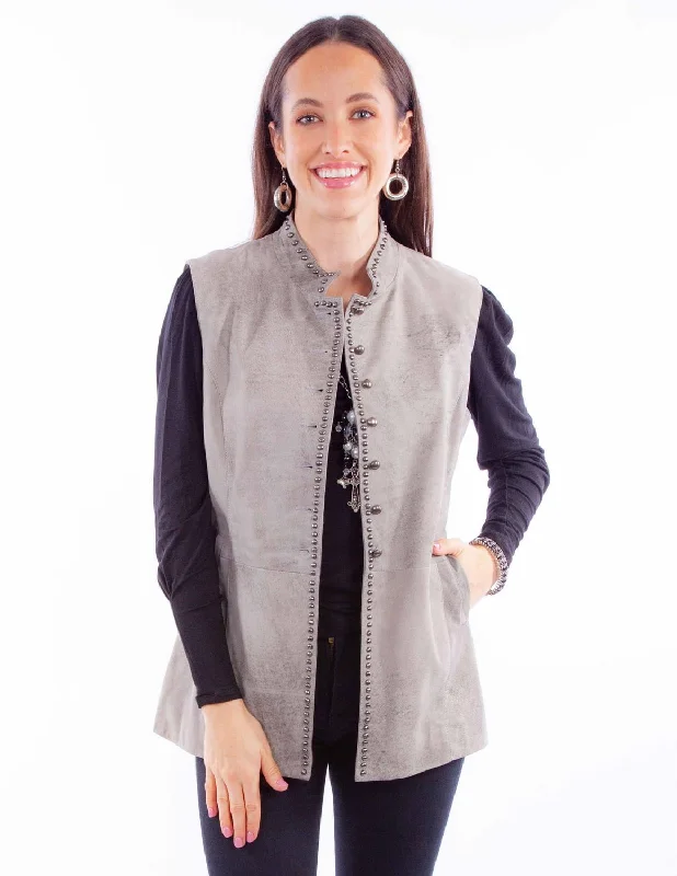 Rugged Elegance Scully Womens Studded Button Up Grey Leather Leather Vest