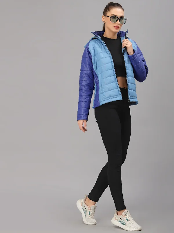 Stylish Statement JUMP USA Women Sky Blue & Royal Blue Solid Active Wear Jacket With Hood