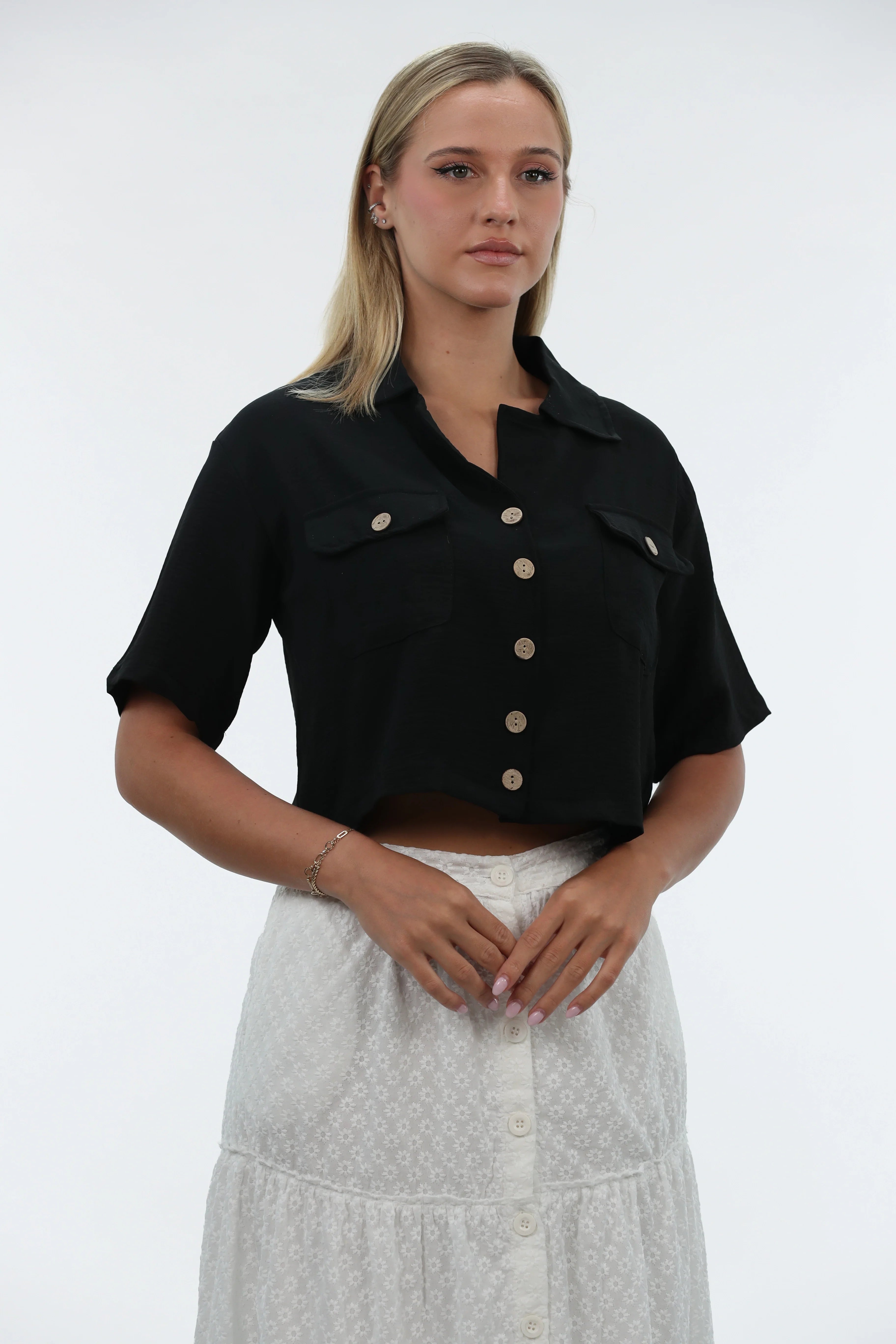 Urban Essentials Black Short Sleeve Shirt With Beige Button