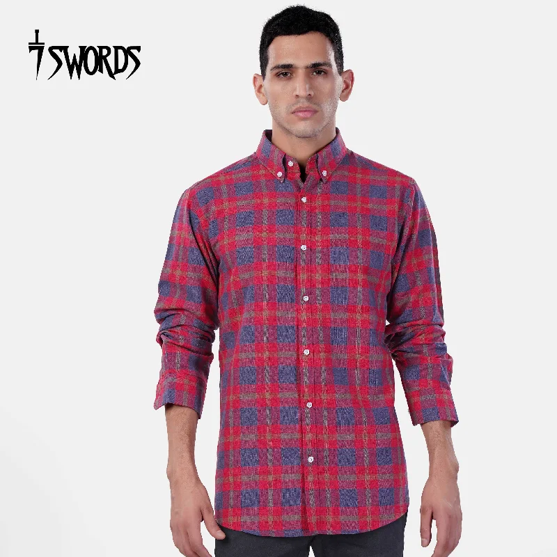 Bold Casual Look 7swords-Falu Red and Pickled Blue Checkered Premium Cotton Button Down Shirt