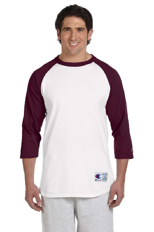 Simplistic Monochrome Champion Mens 3/4 Sleeve Crewneck T-Shirt - White/Maroon