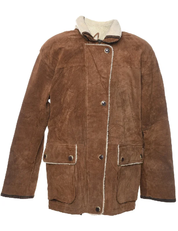 Soft Sport Look Zip Front Brown Shearling Lined Suede Jacket - M