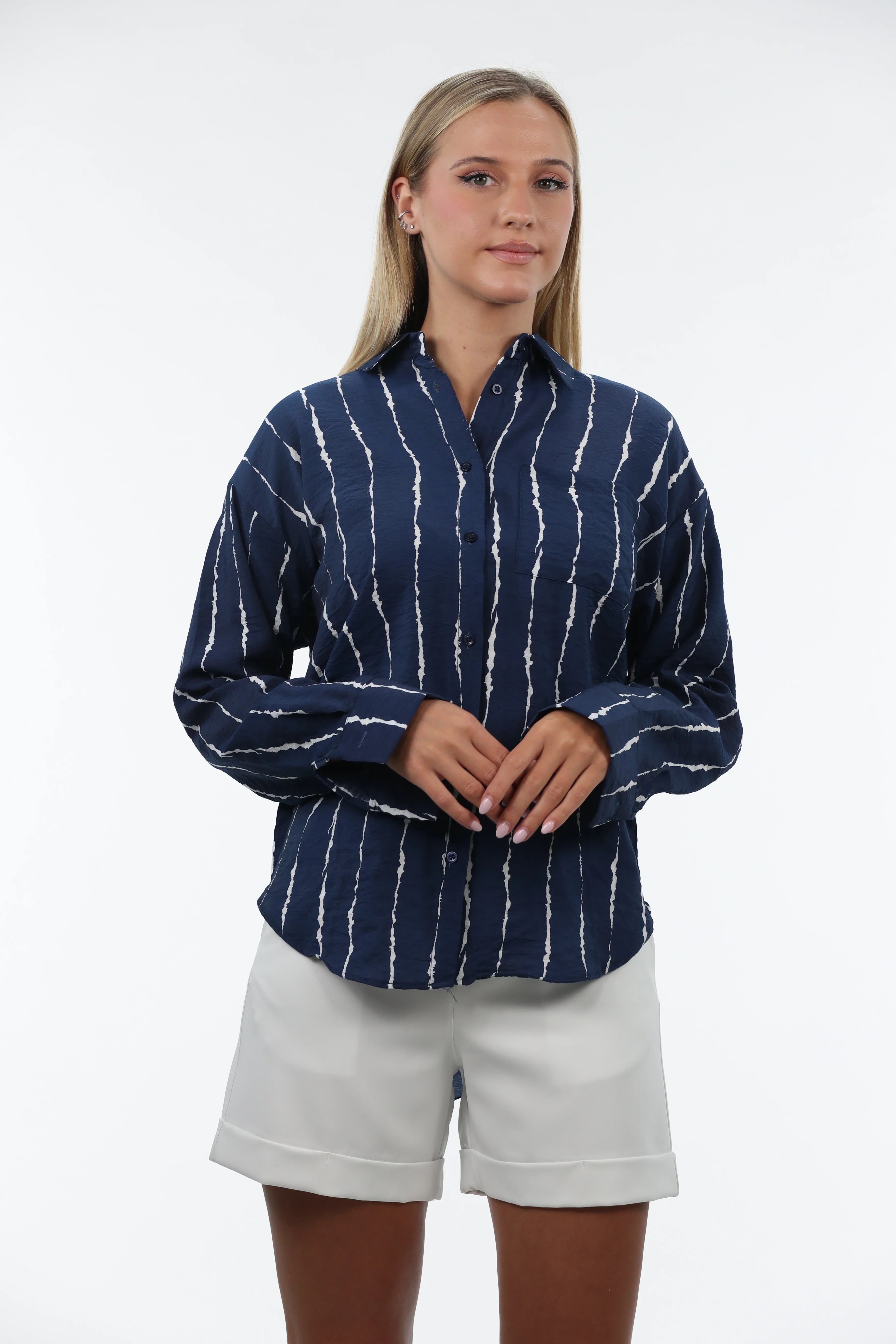 Classic Edge Long Sleeve Strip Navy Shirt