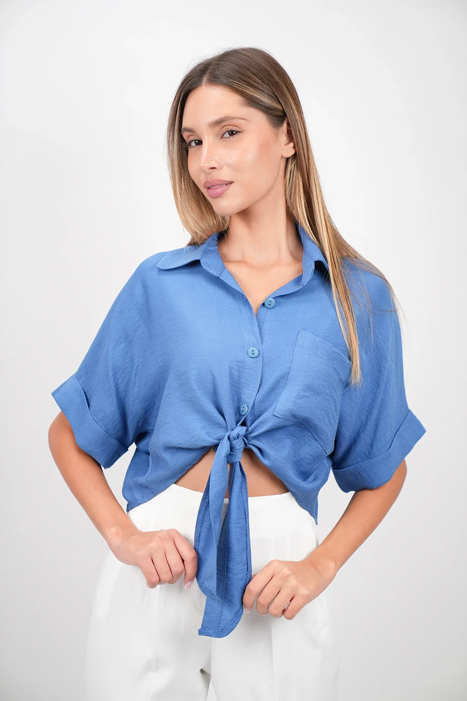 Classic Relaxed Look Dark Blue Crop Shirt With Tie Waist