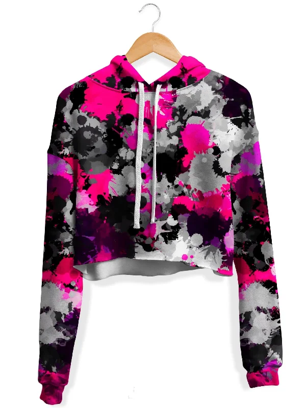 Sporty Fit Look Pink and Grey Paint Splatter Fleece Crop Hoodie