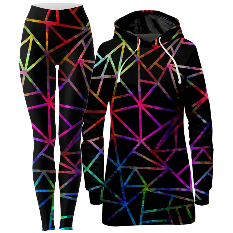 Relaxed Sport Look Webbed Geometric Hoodie Dress and Leggings Combo