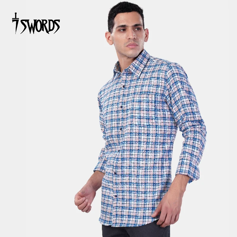 Earthy Casual 7swords-Danube Blue and Blossom Pink Checkered Premium Cotton Shirt