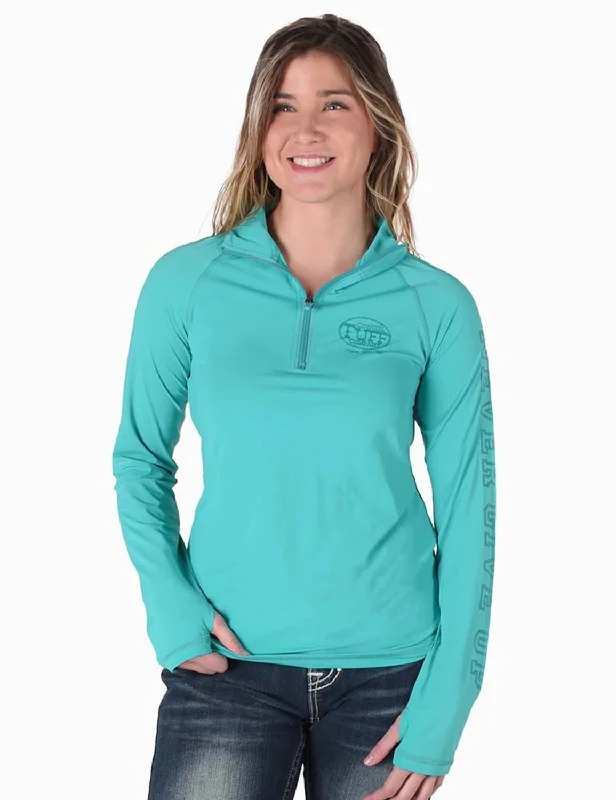 Relaxed Fit Look Cowgirl Tuff Womens UPF Quarter Zip Turquoise Nylon Softshell Jacket