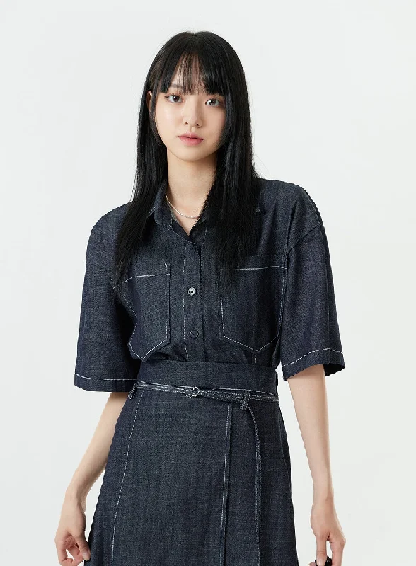 Urban Weekend Look Stitch Denim Set-Up Blouse with Pocket OG23