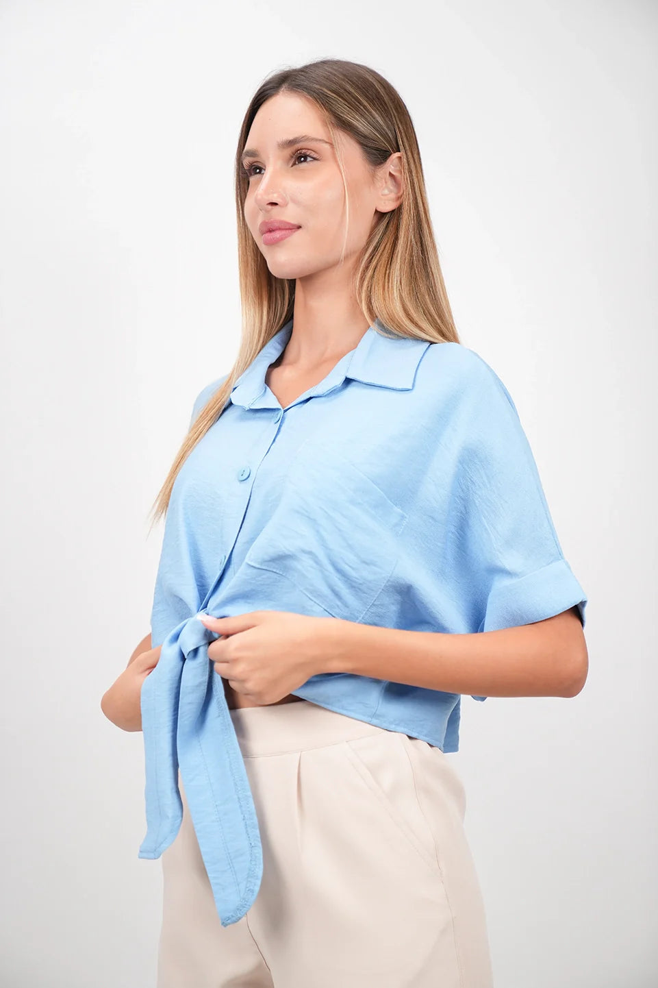 Smart Casual Look Blue Crop Shirt With Tie Waist