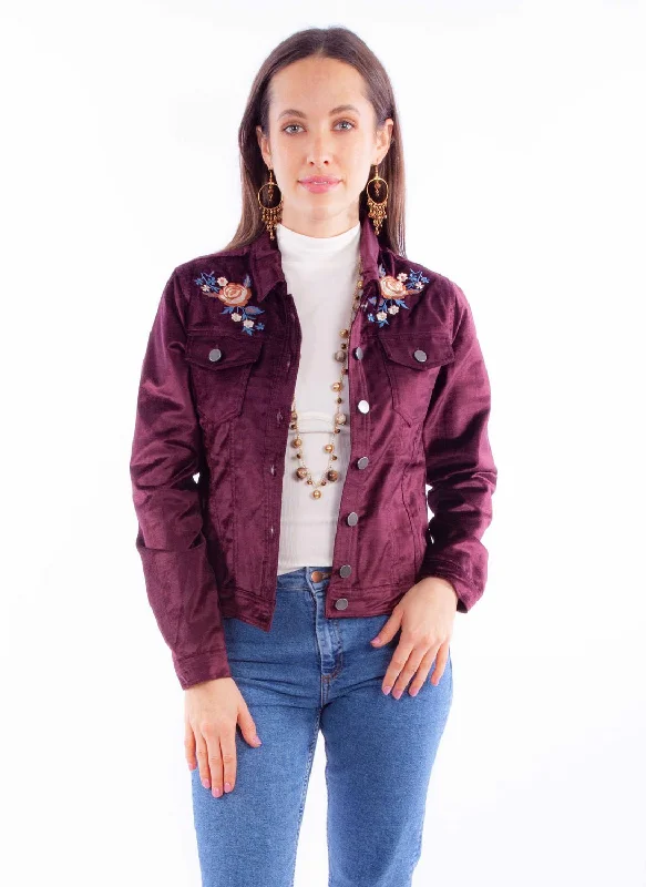 Bold Casual Look Scully Womens Embroidered Velvet Burgundy Cotton Blend Cotton Jacket