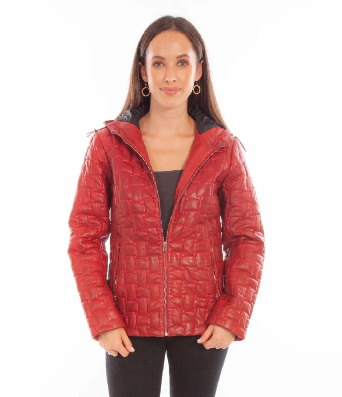 Sporty Modern Scully Womens Zip Quilted Hooded Red Leather Leather Jacket