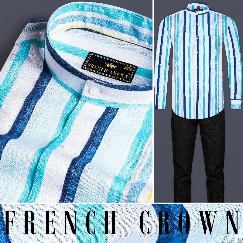 Tailored Outerwear Bright White with Rhino Blue and Blizzard Blue Striped Premium Cotton Shirt