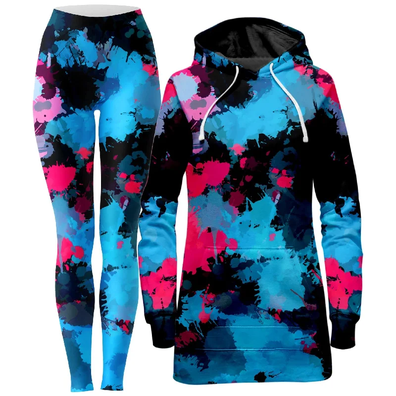 Relaxed Casualwear Pink and Blue Paint Splatter Hoodie Dress and Leggings Combo