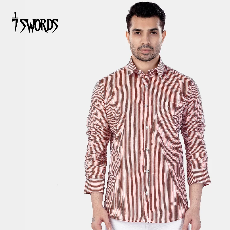 Bold Fit Look 7swords-Blush Brown and Bright White Striped Premium Cotton Shirt