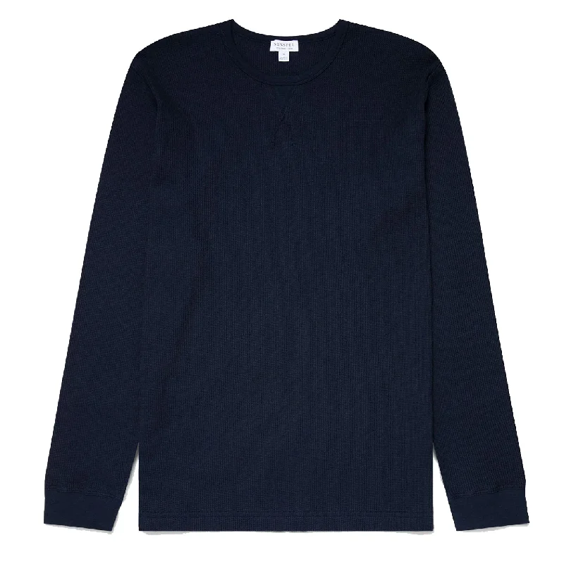 Rugged Chic Sunspel Long Sleeve Waffle T-shirt Navy