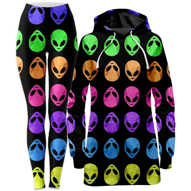 High-End Fit Alien Pattern Hoodie Dress and Leggings Combo