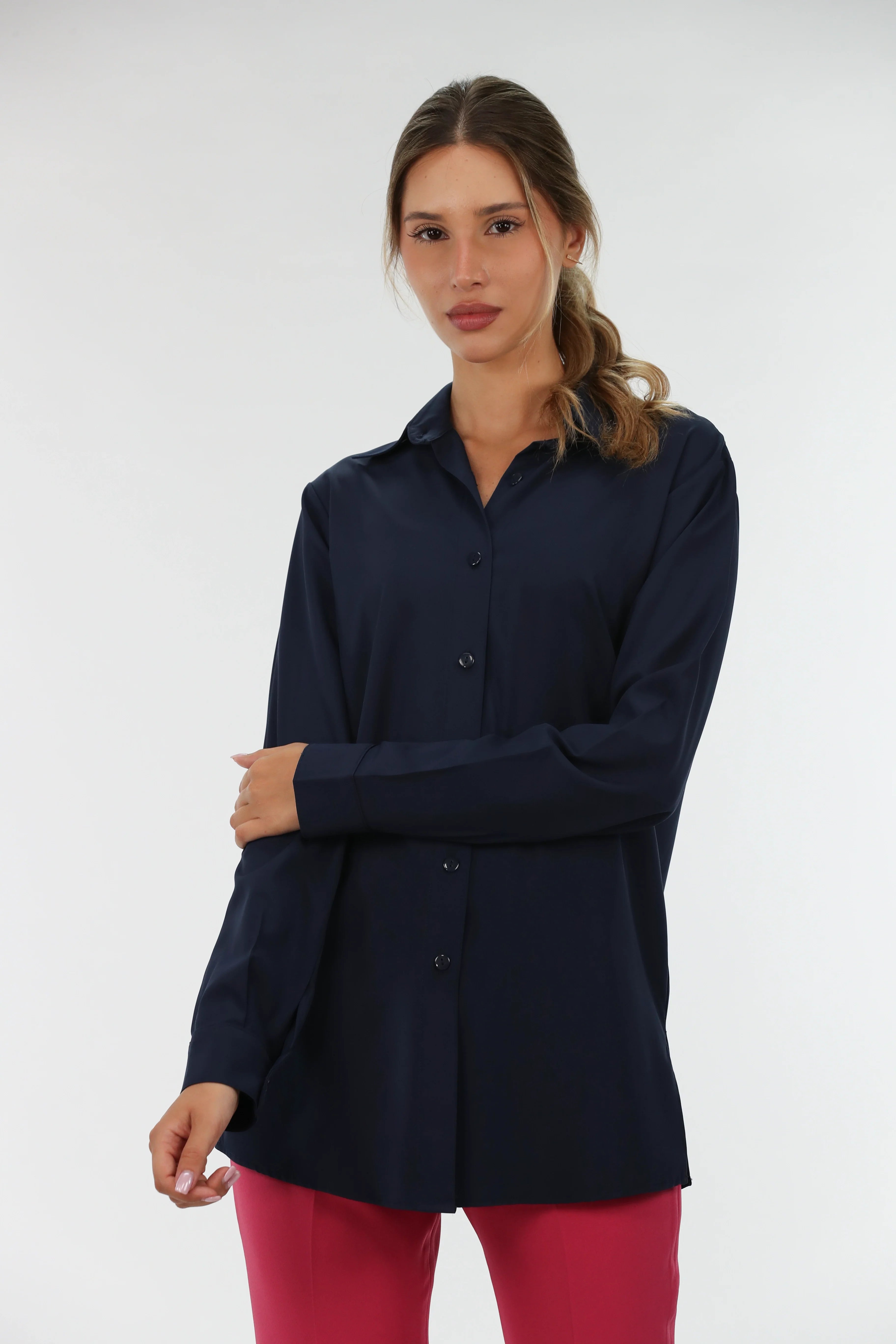 Classic Tailored Look Basic Long Sleeves Navy Shirt