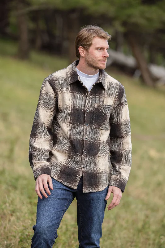 Weekend Fit Look Brown Wool Blend Flannel Shacket with Herringbone Weave