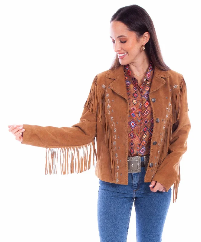 Relaxed Fitwear Scully Womens Western Fringe Button Tan Leather Leather Jacket