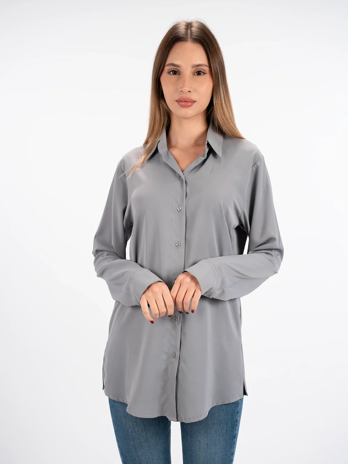 Streetwear Classics Look Long Sleeved Grey Shirt With Button To Close