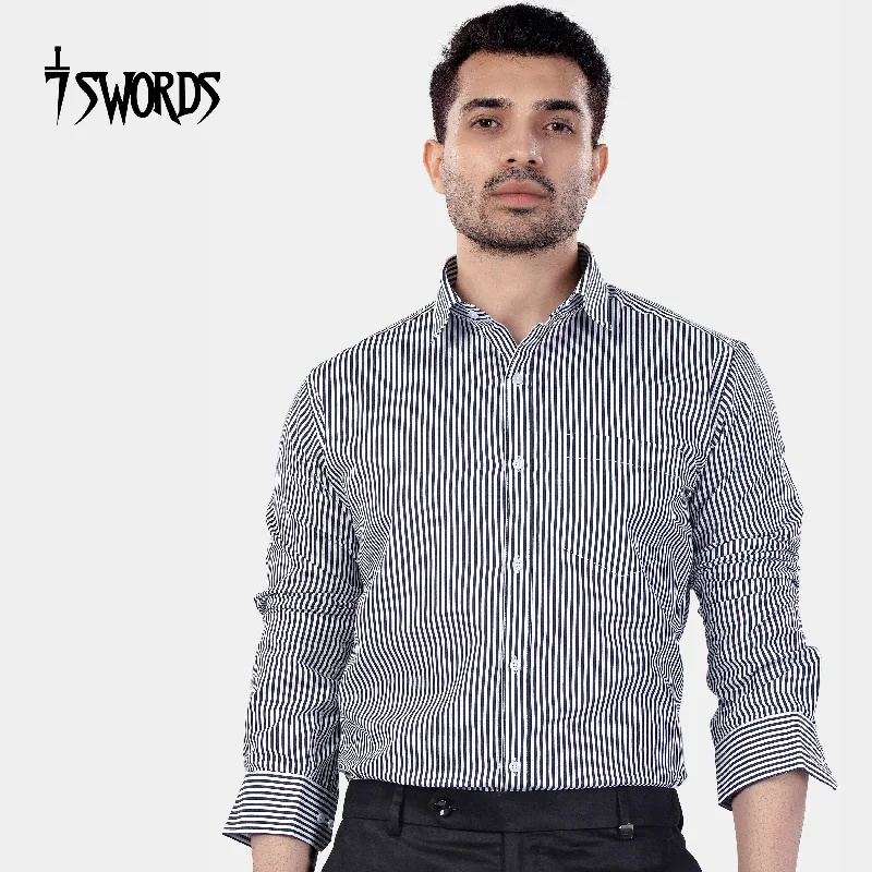 Sophisticated Fit Look 7swords-Haiti Blue and Bright White Striped Premium Cotton Shirt