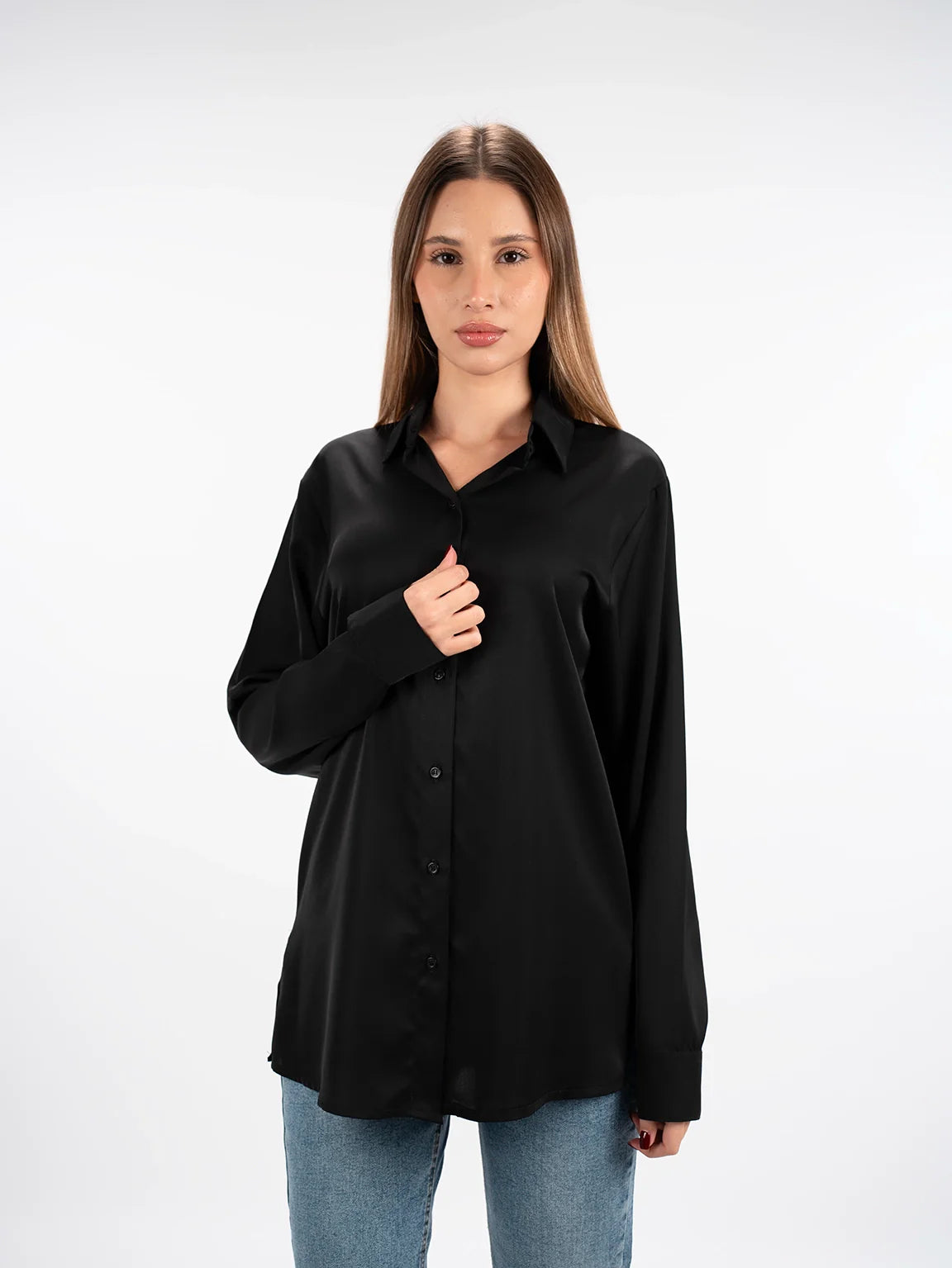 Sleek Edge Look Long Sleeved Black Shirt With Button To Close