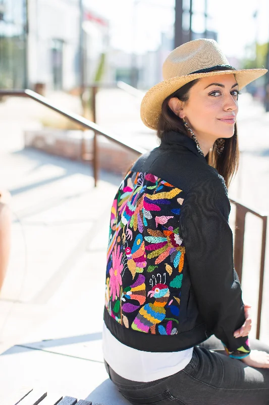 Classic Relaxed Look Black Bomber Jacket with Multi Otomi Embroidery (Assorted Sizes)