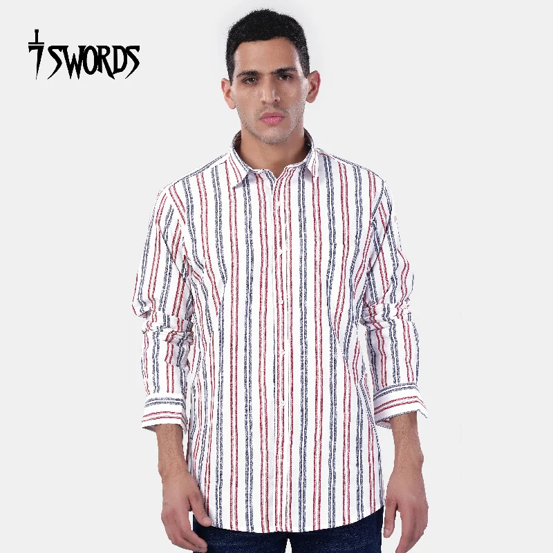 Stylish Fit Look 7swords-Bright White and Maple Red Multicolour Striped Premium Cotton Shirt