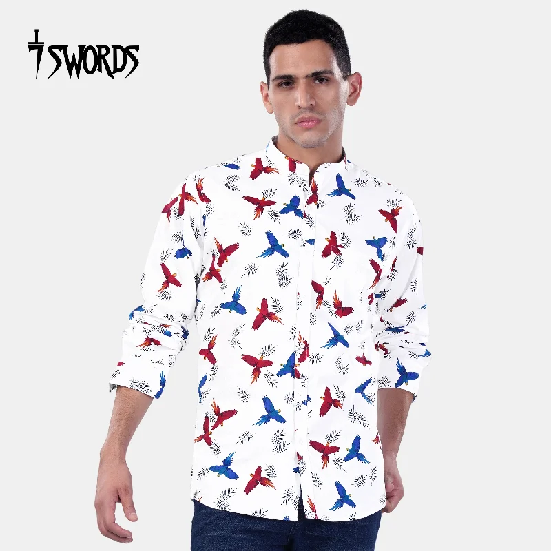 Classic Relaxed Look 7swords-Bright White with Carmine Red and Cobalt Blue Birds Printed Premium Cotton Shirt