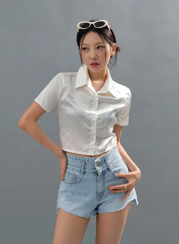 Tailored Elegance Satin Cropped Short-Sleeve Button Down Top CJ21