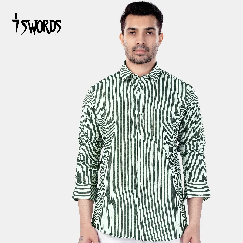 Sporty Modern 7swords-Bright White and Cactus Green Striped Premium Cotton Shirt