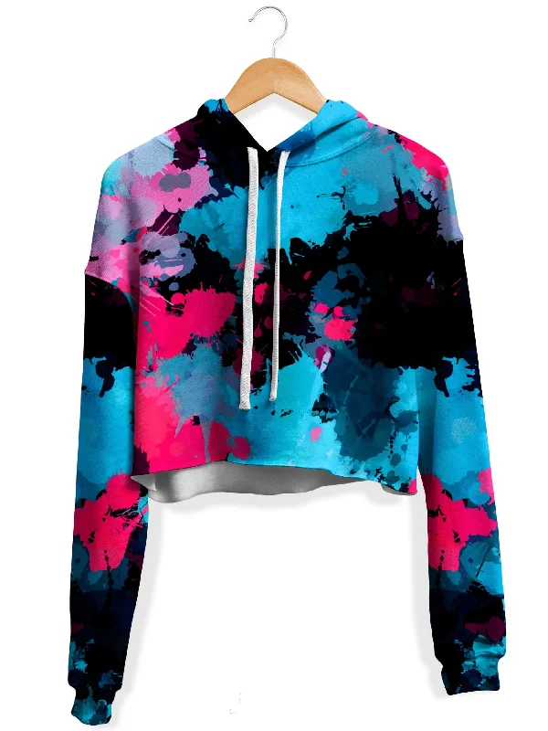 Simplistic Monochrome Pink and Blue Paint Splatter Fleece Crop Hoodie