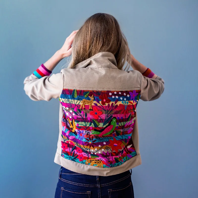 Relaxed Outerwear Tan Bomber Jacket with Chiapas Striped Rainbow Embroidery (Assorted Sizes)