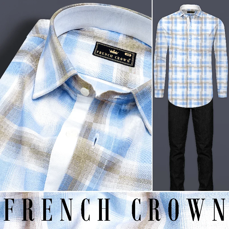 Simplistic Monochrome Bright White with sky Blue and Malta Brown Twill Plaid Premium Cotton Shirt