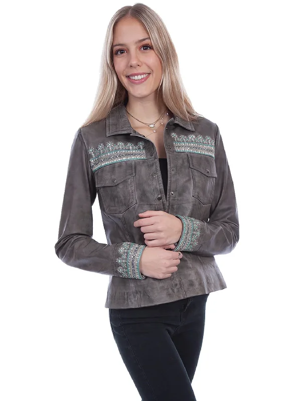 Timeless Chic Look Scully Womens Vintage Beaded Grey Leather Leather Jacket