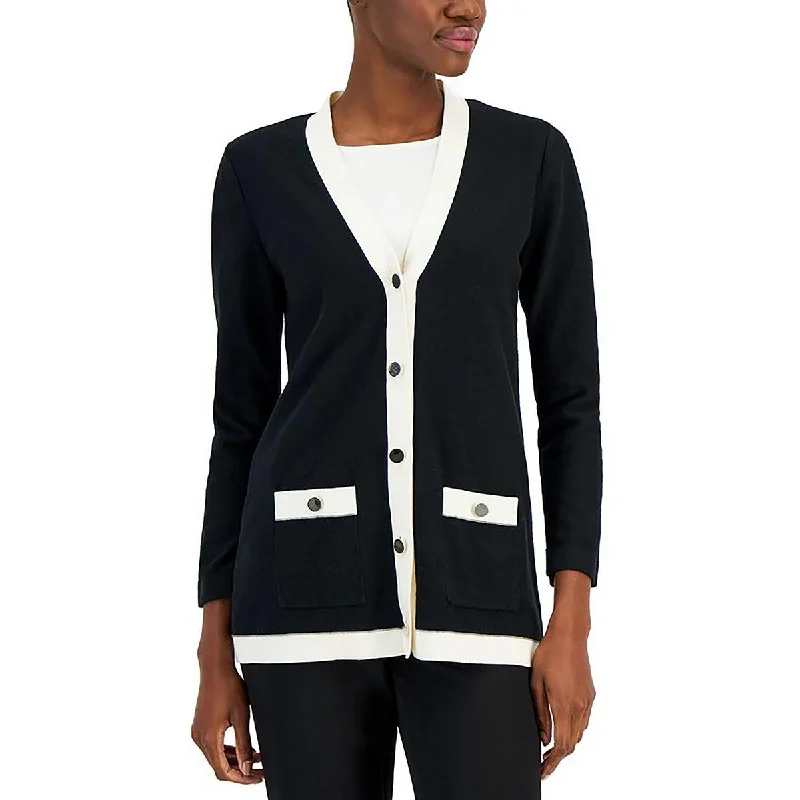 Sophisticated Chic Anne Klein Womens Petites Knit Contrast Cardigan Sweater