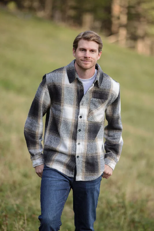 Stylish Fit Look Black Wool Blend Flannel Shacket with Herringbone Weave