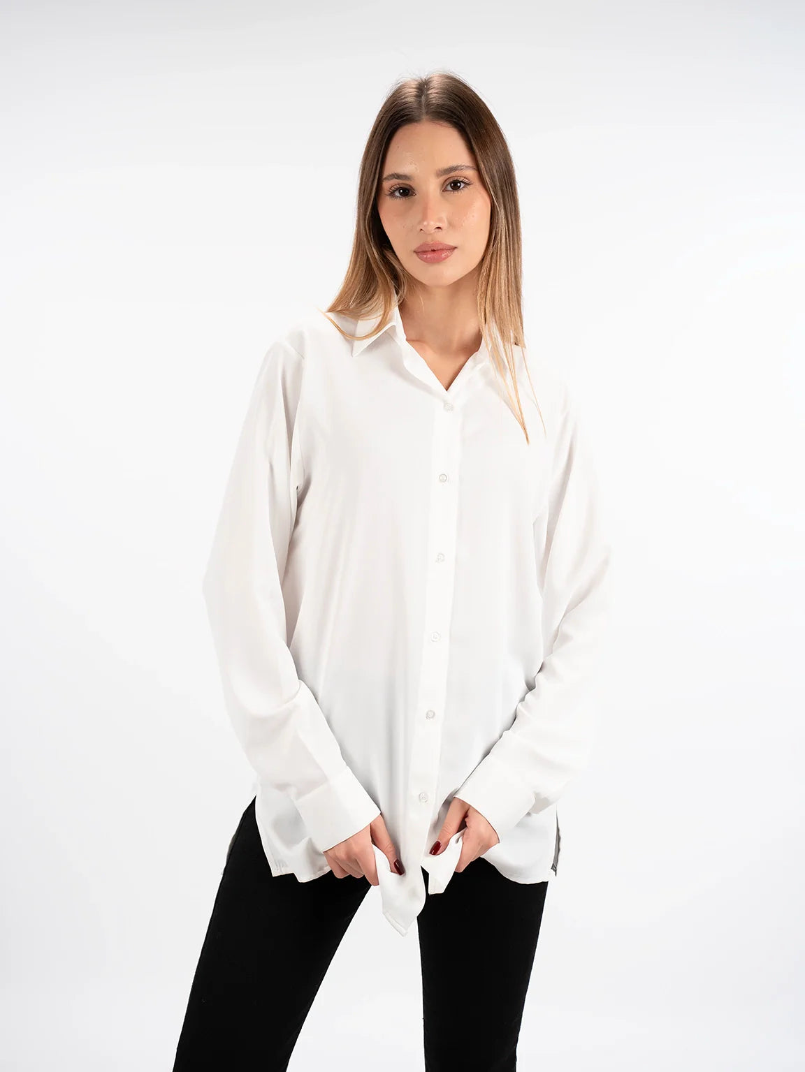 Stylish Statement Long Sleeved White Shirt With Button To Close