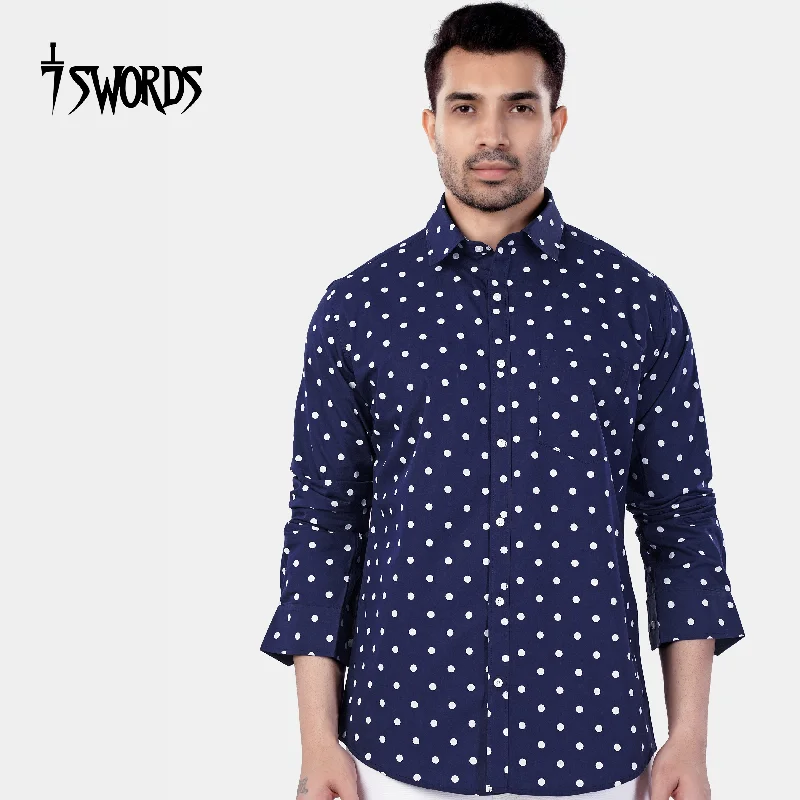 Simplified Casual Look 7swords-Haiti Blue and White Polka Dotted Premium Cotton Shirt