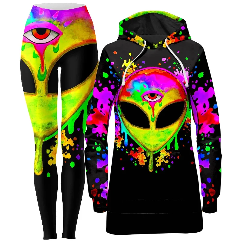 Urban Comfort Splatter Alien Yellow Hoodie Dress and Leggings Combo