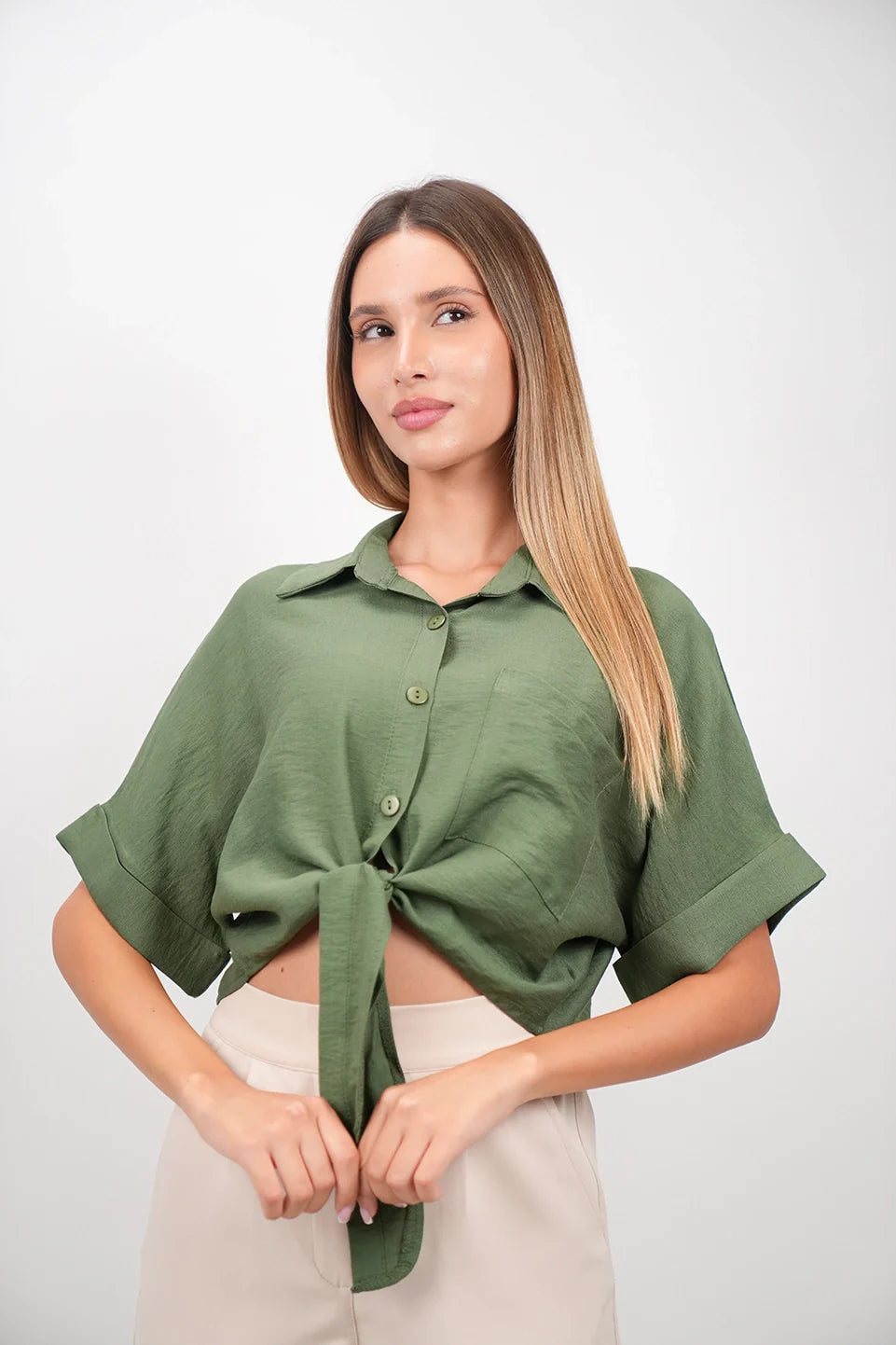 Contemporary Fitwear Olive Crop Shirt With Tie Waist