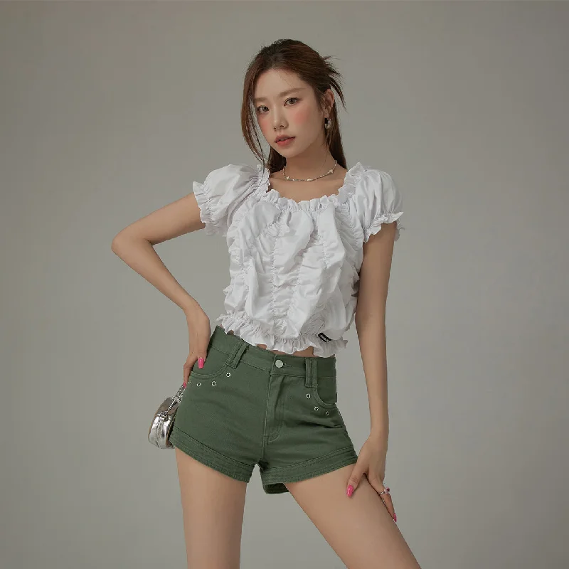 Rugged Casualwear Shirred Puffy Sleeve Cropped Blouse