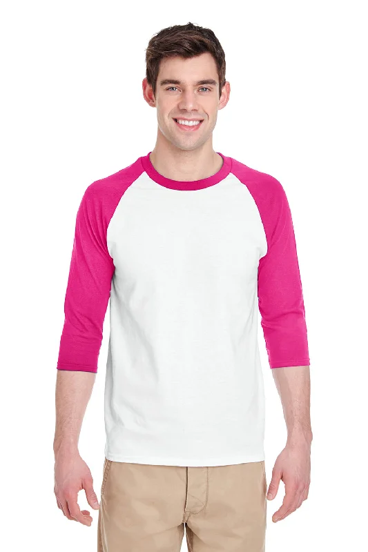 Fashionable Casualwear Gildan Mens 3/4 Sleeve Crewneck T-Shirt - White/Heliconia Pink